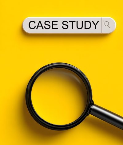 Magnifying glass placed next to white search bar on yellow background represents digital marketing strategy search engine optimization internet browsing data analysis and information retrieval